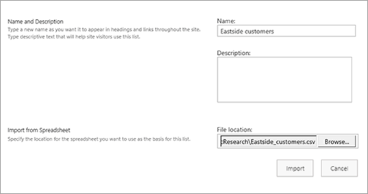 Snimak ekrana dijaloga "Ime, opis i lokacija datoteke" za uvoz unakrsne tabele u sistemu SharePoint.