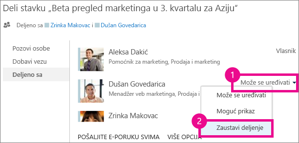 Komanda „Zaustavi deljenje“ u prozoru „Deli“ u sluzi OneDrive for Business