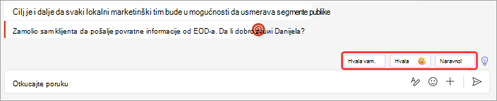Snimak ekrana koji prikazuje predložene odgovore u ćaskanju