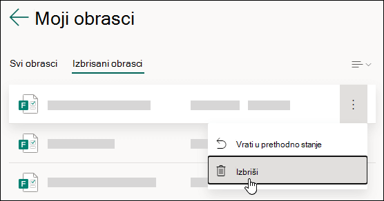 Brisanje obrasca na kartici Izbrisani obrasci u Microsoft Forms.