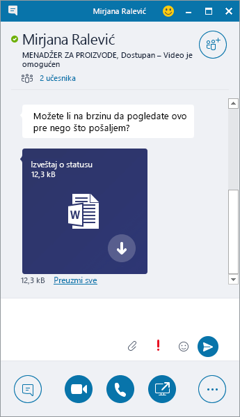 Snimak ekrana prozora „Razmena trenutnih poruka“ sa dolaznim prilogom.