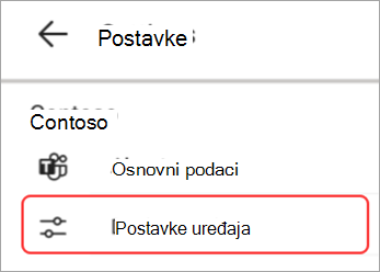 Snimak ekrana korisničkog interfejsa postavki uređaja istaknutog u Teams tabla