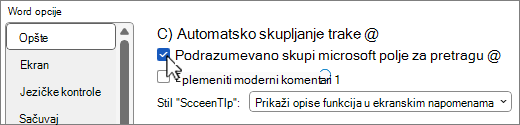 The File > Options dialog box showing the Collapse the Microsoft Search box by default option.