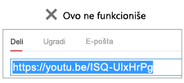 Ako kôd za ugradnju počinje sa „http“, video zapis neće biti uspešno ugrađen.