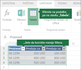 Kartica „Umetanje“, dugme „Tabela“, meniji „Filter“