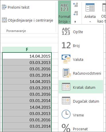 promena podataka u kratki format datuma sa trake