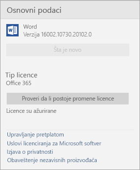 Prozor „Osnovni podaci o programu Word Mobile“