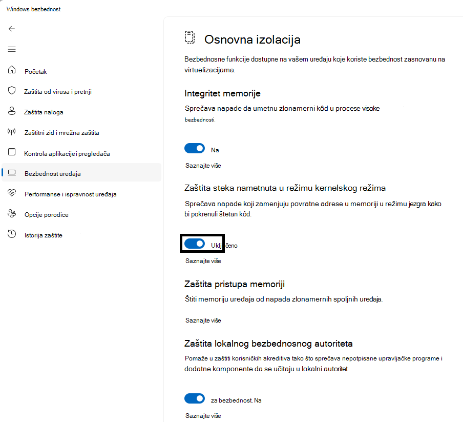 Ukazuje na lokaciju preklopnika korisničkog interfejsa zaštite od steka koji je nametnut u režimu Kernel-režima na stranici "Osnovna izolacija" Aplikacije Windows bezbednost.