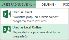 Stavka „Uredi u usluzi Excel Online“ u meniju „Uređivanje radne sveske“