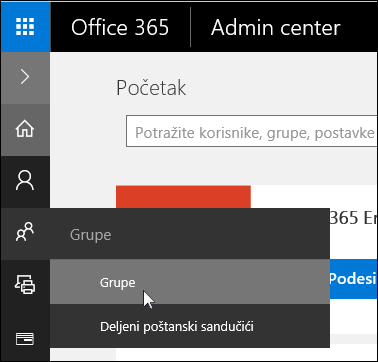 Izbor grupa u oknu sa leve strane navigacije za pristup grupama u Office 365 zakupcu