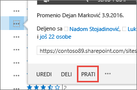 Izaberite komandu „Prati“ u meniju iskačuće kartice u usluzi OneDrive for Business