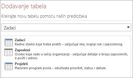 Okvir za pretraživanje predložaka tabela na ekranu dobrodošlice programa Access.