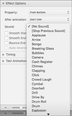 Snimak ekrana prikazuje odeljak "Opcije efekata" okna "Animacije" sa razvijenim meniju "Zvuk".