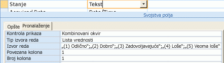 Korišćenje liste vrednosti kao izvora podataka za polje za pronalaženje