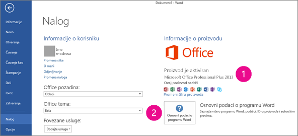 „Datoteka“ > „Nalog u programu Word 2013“