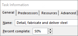 Snimak ekrana dijaloga „Detalji zadatka“ u zadatku, koji prikazuje procenat dovršenosti