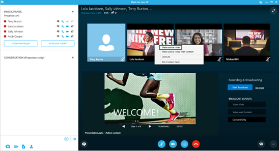 Broadcast screen with Make Active Video highlighted