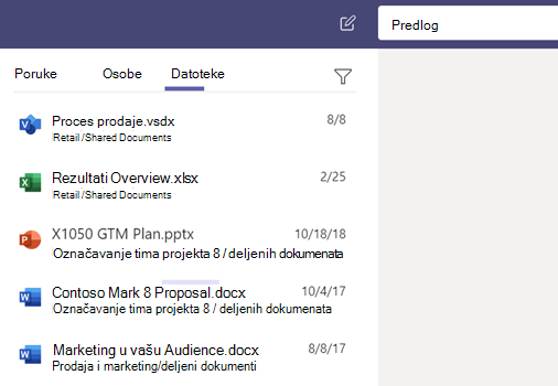Lista datoteka u usluzi Teams