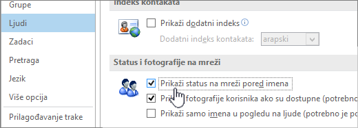 Kartica "Osobe" u dijalogu "Opcije" sa istaknutim statusom "Prikaži status na mreži"