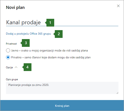 Snimak ekrana dijaloga "Planner novi plan" koji prikazuje oblačiće za 1 ime uneto u "Kanal prodaje", opciju "Dodaj u postojeću Office 365 grupu", 3 opcije privatnosti i 4 padajuće menija "Opcije".