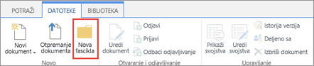 Slika trake "SharePoint datoteke" sa istaknutom stavkom "Nova fascikla".