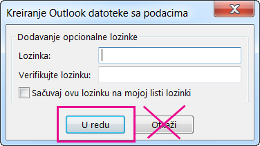 Kad kreirate pst datoteku, kliknite na dugme „U redu“ čak i ako ne želite da joj dodelite lozinku