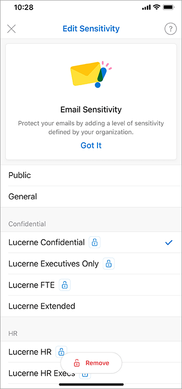 Snimak ekrana oznaka osetljivosti u programu Outlook za iOS