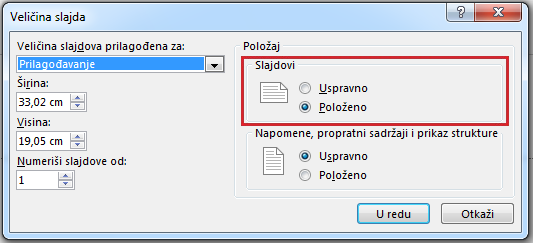 U dijalogu „Veličina slajda“ možete da promenite orijentaciju slajda u uspravnu ili položenu.