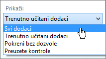 Dijalog „Upravljanje programskim dodacima“ koji prikazuje padajući meni „Trenutno učitani programski dodaci“.