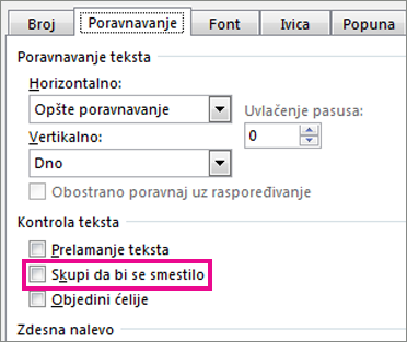 Stavka „Skupi da bi se smestilo“ na kartici „Poravnanje“ dijaloga „Oblikovanje ćelija“