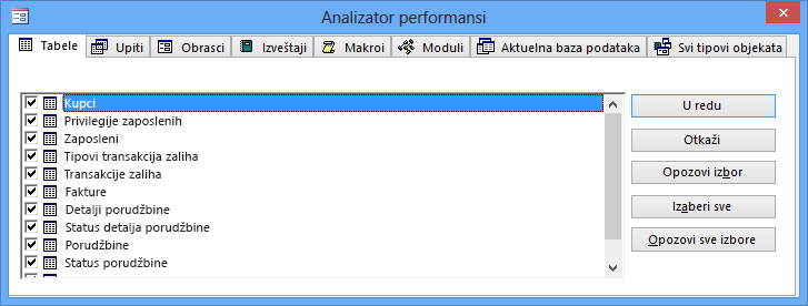 Dijalog „Analizator performansi“ u programu Access