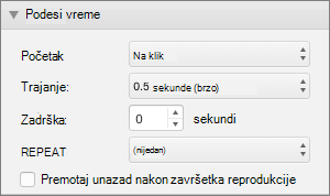 Snimak ekrana prikazuje odeljak "Podešavanje vremena" u oknu "Animacije" sa opcijama "Početak", "Trajanje", "Odlaganje" i "Ponavljanje" i polje za potvrdu za premotavanje premotavanja premotavanja kada završite reprodukciju.