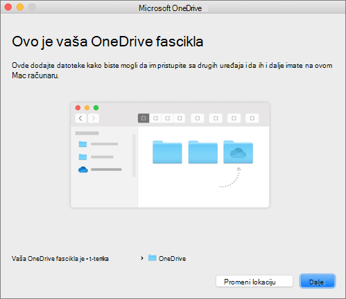 Snimak ekrana stranice „Ovo je OneDrive fascikla“ u čarobnjaku „Dobro došli u OneDrive“ na Mac računaru