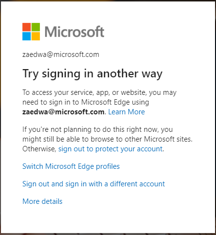 message displayed when Edge browser sign-in is required