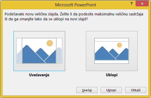 Poruka o podešavanju razmere veličine slajda