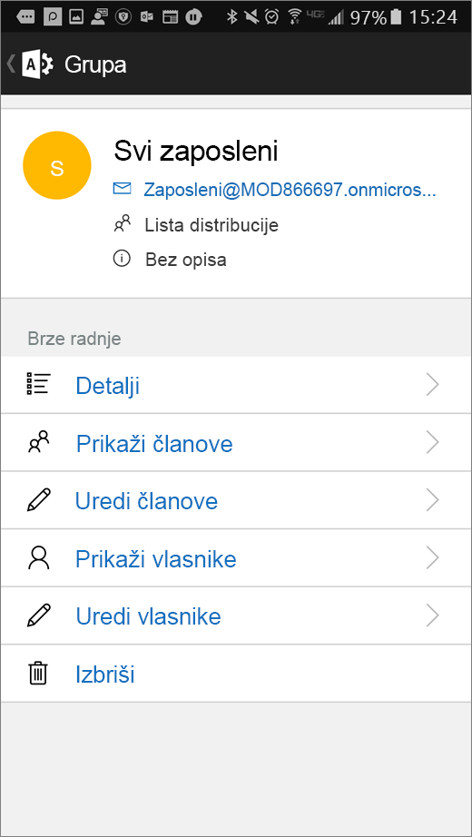 Izaberite grupu u Office 365 aplikaciji administracije da biste uredili detalje kao što su članstvo ili vlasnici.