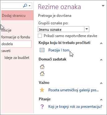 Traženje označenih beležaka u oknu „Rezime oznaka“