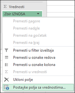 Dijalog „Postavke polja za vrednost“ u programu Excel