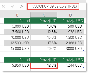 Formula u ćeliji C9 jeste =VLOOKUP(B9,B2:C6,2,TRUE)