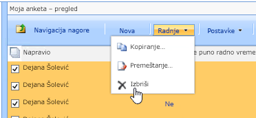 Kliknite na dugme Radnje, kliknite na dugme Izbriši da biste izbrisali izabrane podatke