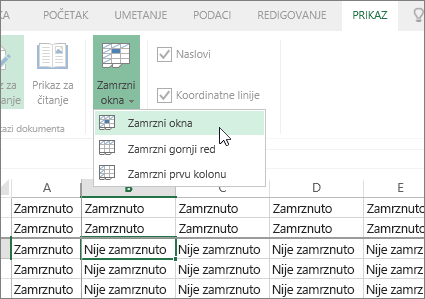 Kartica „Prikaz“, meni „Zamrzavanje okana“, komanda „Zamrzni okna“