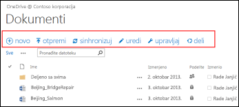 Koristite traka za brze komande u usluzi Office 365 da biste započeli aktivnosti u usluzi OneDrive for Business ili biblioteci dokumenata SharePoint Online lokacije tima.