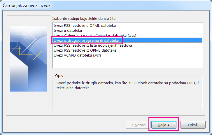 Odaberite uvoz e-pošte iz drugog programa ili datoteke