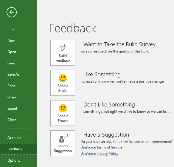 Izaberite stavke „Datoteka“ > „Povratne informacije“ da biste obezbedili komentare ili predloge o programu Microsoft Project