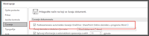 Dijalog Datoteka > Opcije > Čuvanje koji prikazuje polje za potvrdu za omogućavanje ili onemogućavanje automatskog čuvanja