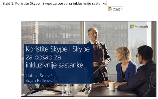 Screen clip of the new Word showing slide 1 with slide title, The slide shown in the image contains the slide title, the slide names, the background image of business people around a conference table.