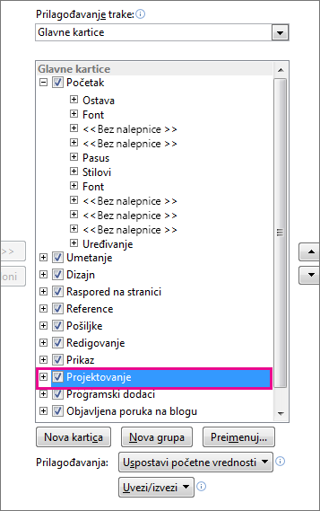 Uključivanje kartice „Projektant“ na traci programa Word
