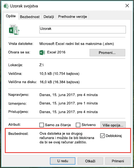 Kliknite desnim tasterom miša na datoteku u programu Windows Explorer da biste deblokirali makroe.