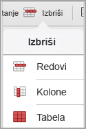 meni "Brisanje iPad tabele"