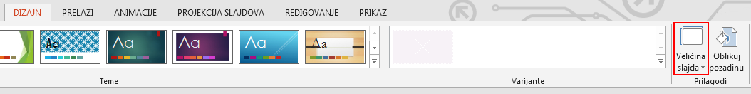 Na kartici „Dizajn“, u grupi „Prilagođavanje“ izaberite stavku „Veličina slajda“.